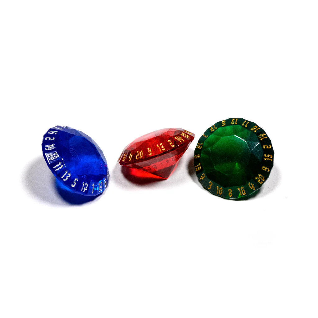3 Rogue d20 dice in Blue, Red and Green