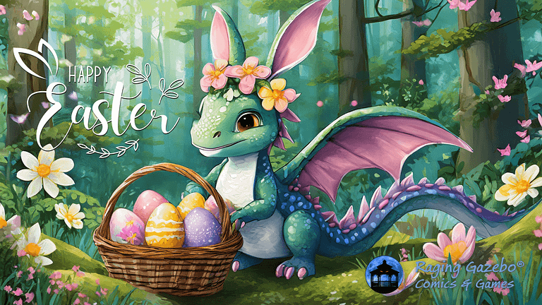 The Raging Gazebo Happy Easter banner picturing a dragon collecting easter eggs