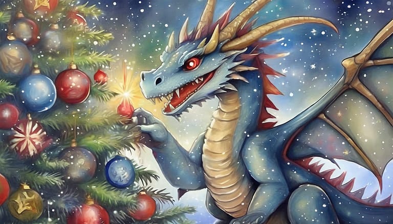 a dragon is decorating a christmas tree